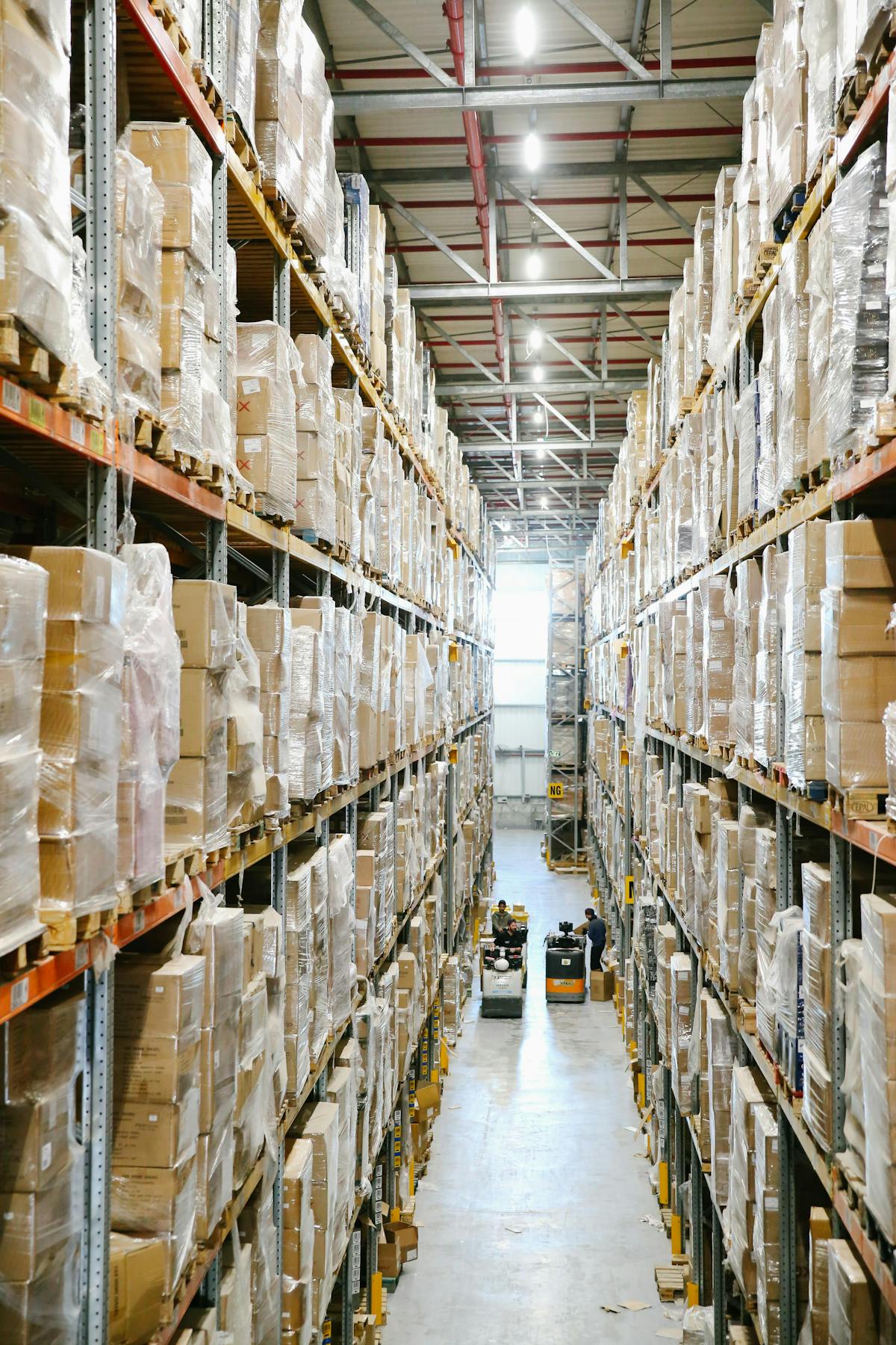 Tall warehouse shelves filled with neutral export cartons and pallets.